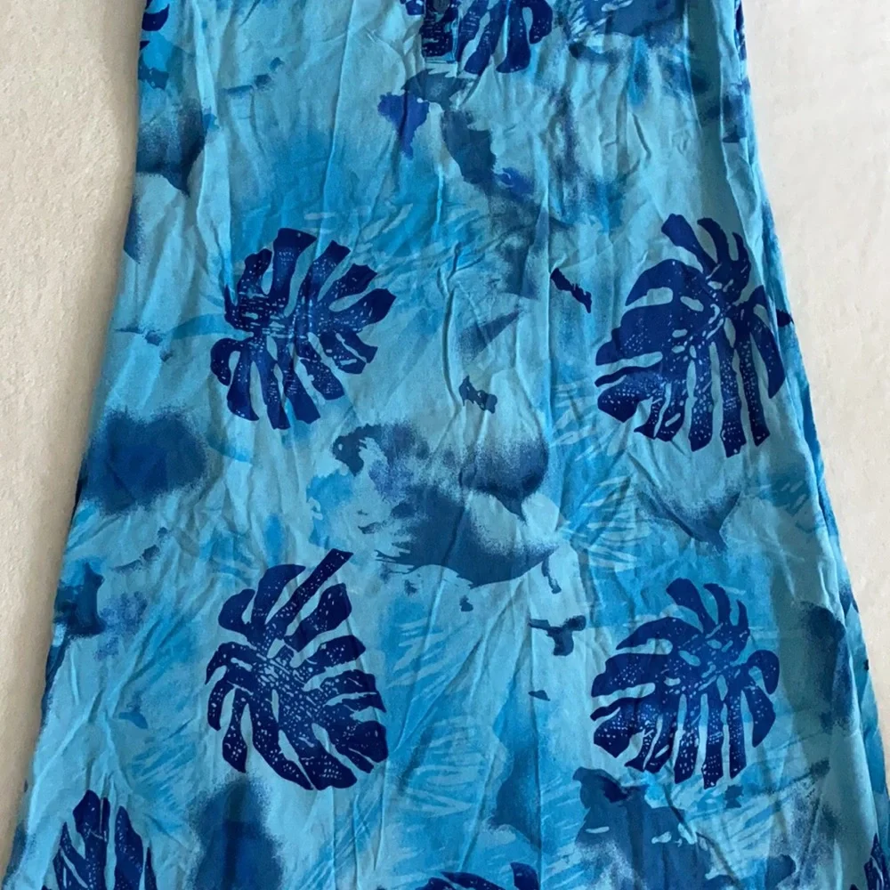 {VTG} Desert Shores | Tropical Palm Tree Leaf Print Short Sleeve Midi Dress Blue - Picture 6 of 15